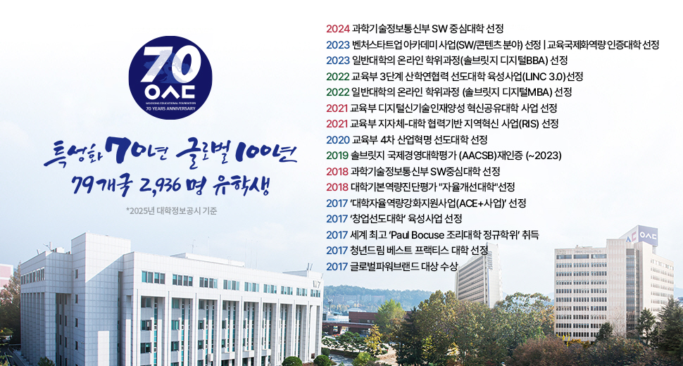 대학교육의 중심에 서다! 특성화 60년, 글로벌 100년, 2021년 교육부 디지털신기술인재양성 혁신공유대학 사업 선정,2021년 교육부 지자체-대학 협력기반 지역혁신 사업(RIS) 선정, 2020년 교육부 4차 산업혁명 선도대학 선정, 2018년 과학기술정보통신부 SW중심대학 선정, 2018년 대학기본역량진단평가 '자율개선대학'선정, 2017년 대학자율역량강화지원사업(ACE+사업)선정, 2017년 창업선도대학 육성사업 선정, 2017년 세계최고 Paul Bocuse 조리대학 정규학위 취득, 2017년 쳥년드림 베스트 프랙티스 대학 선정, 2017년 글로벌파워브랜드 대상 수상, 2016년 솔브릿지국제경영대학평가(AACSB)인증, 2016년 3년 연속 동아일보 대한민국 경영대상 인재경영대상 수상